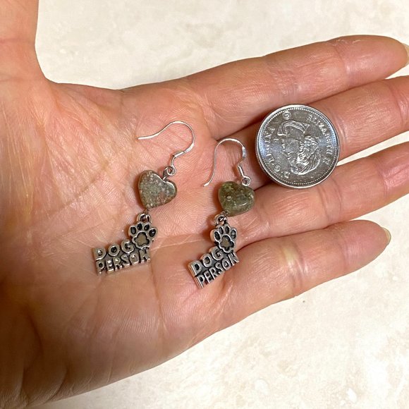 2/$20, Natural Unakite Stone Heart + Dog Person Dangle Earrings - Picture 8 of 9